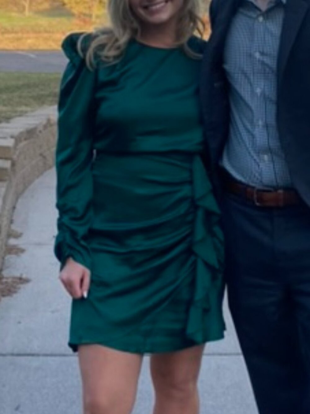 ASTR The Label Green Ruched Satin Long Sleeve Mini Dress Size L